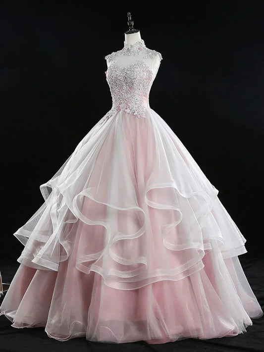 A Line Tulle Lace Long Prom Dress, Pink Sweet 16 Dress HZ1024