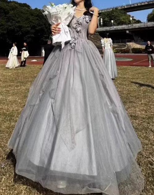 sweetheart neck tulle long prom dress, gray evening dress HZ1024
