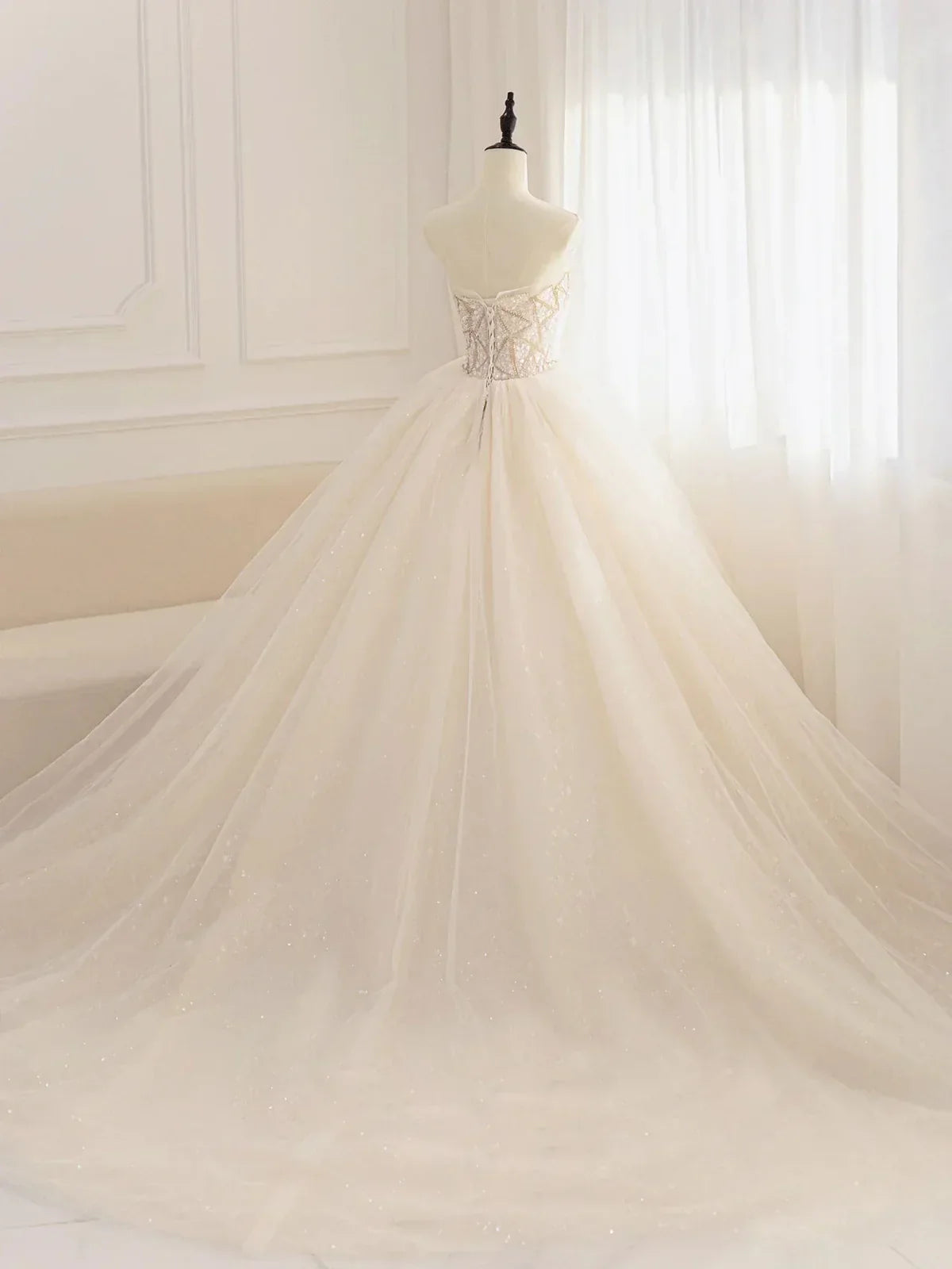 tulle sequin beads long prom dress, champagne evening dress HZ1024
