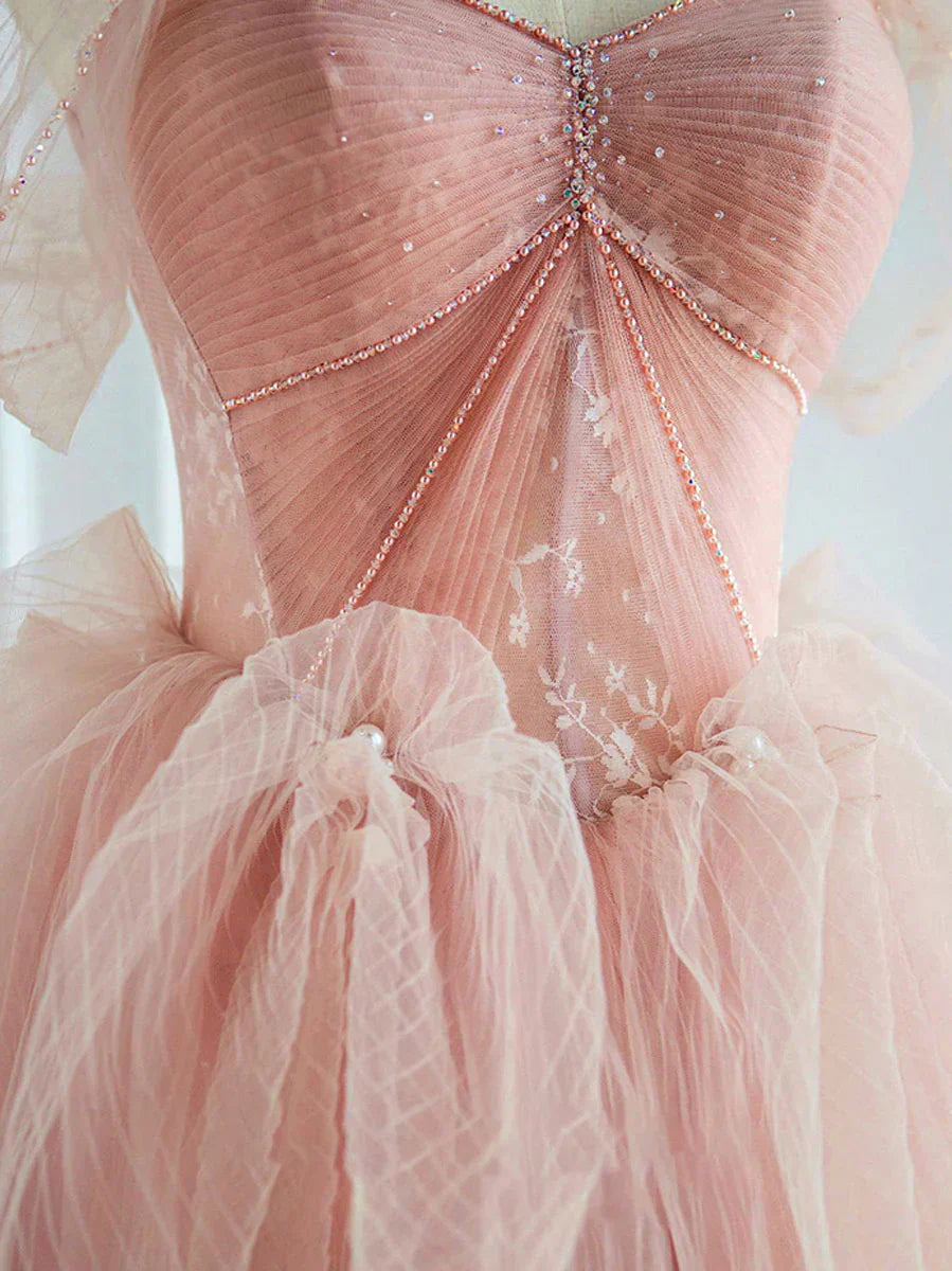 pink sweetheart neck tulle long prom dress, pink tulle formal dress HZ1024