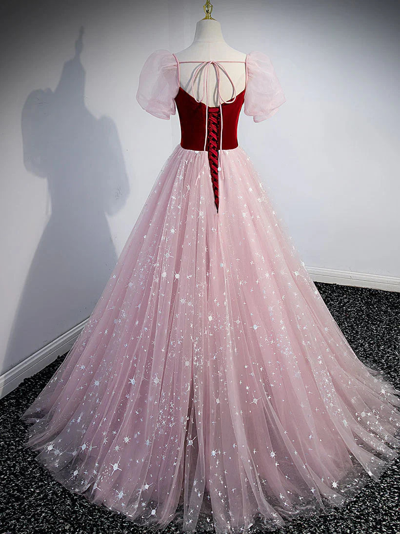Simple pink A line velvet tulle long prom dress, pink evening dress ED0845