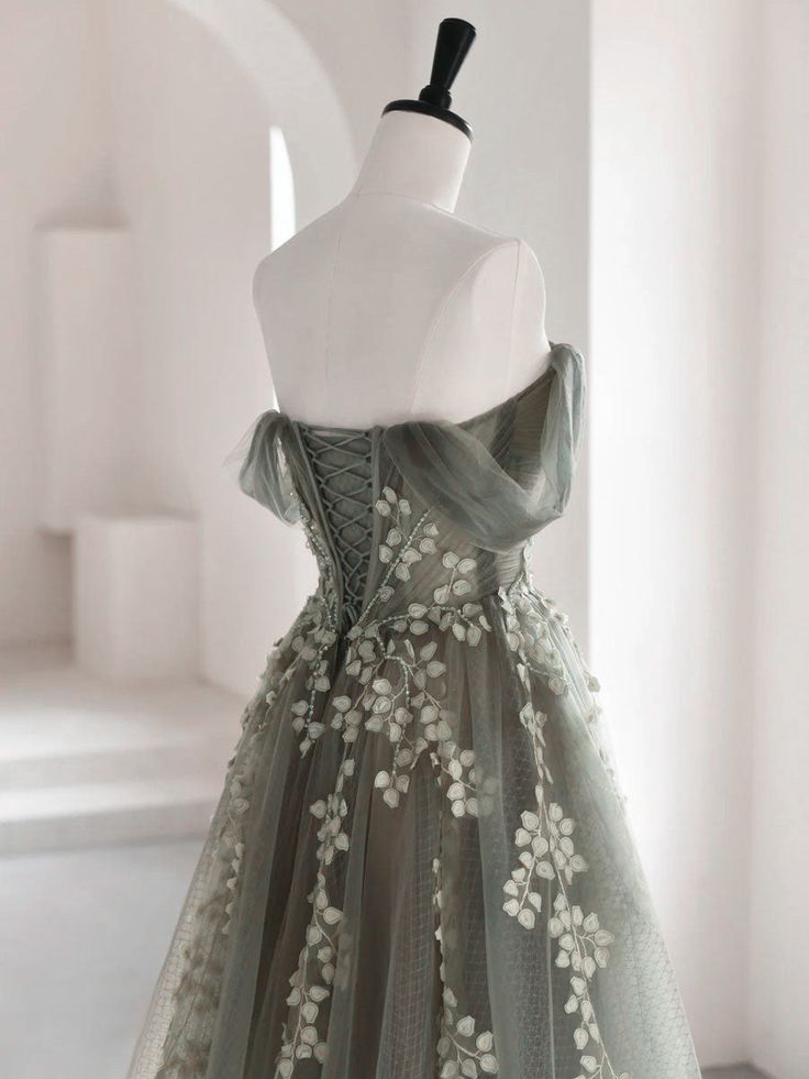 Olive Green A-Line Off Shoulder Tulle Lace Long Prom Dress, Green Tulle Formal Dress ED0882