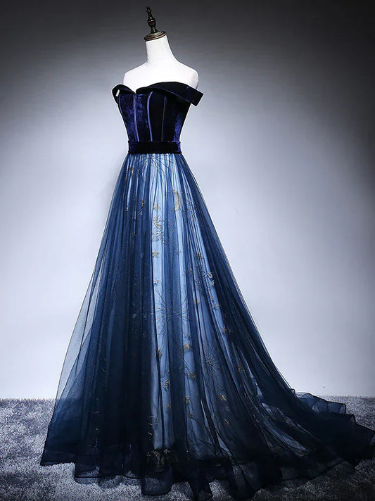 Blue Tulle Velvet Long Prom Dress, Blue Evening Dress HZ1024
