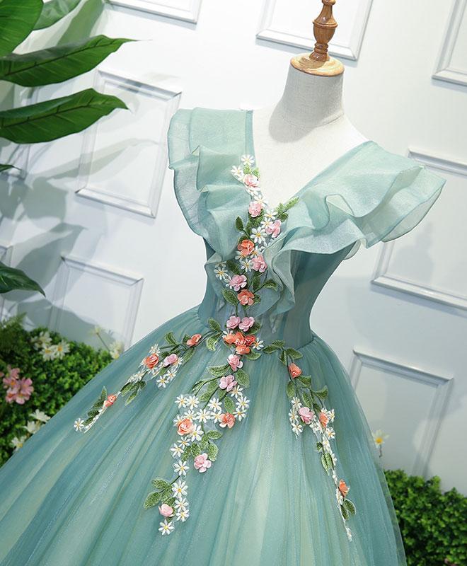 Green Tulle Lace Long Prom Gown, Tulle Lace Evening Dress ED0887