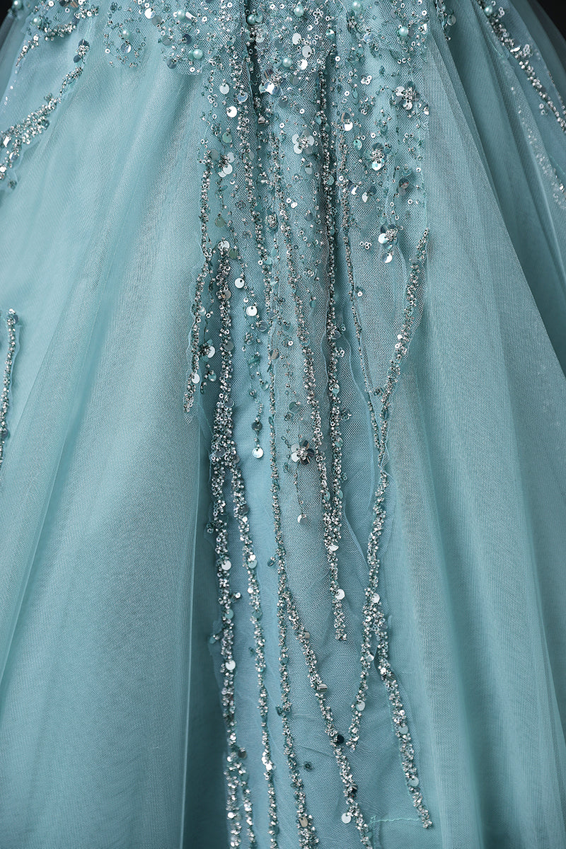 A-line mesh sequins formal long dress, green sequins evening dress HZ1024