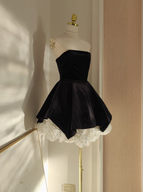 A-line Velvet tube top mesh patchwork 3D flower contrast color dress, birthday dress ED0962