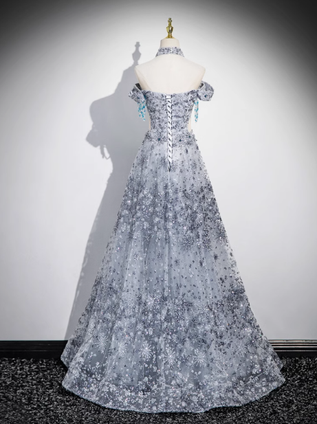 A-line Off-shoulder Tulle Long Prom Dress, Gray Evening Dress HZ1024