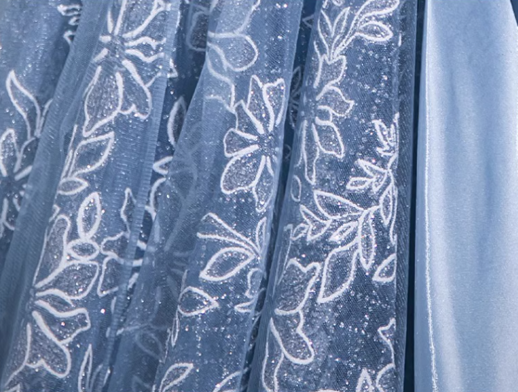 A-line Off-shoulder Tulle Satin Long Prom Dress, Blue Evening Dress HZ1024