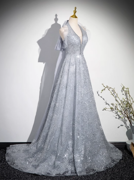 V-neck mesh sequin long prom dress, evening dress HZ1024