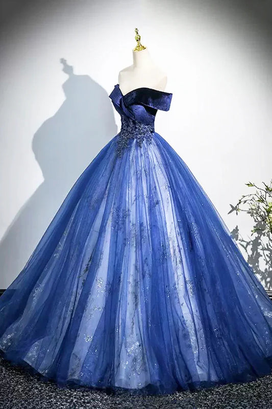 Blue A-Line Velvet Tulle Long Prom Dress, Elegant Off the Shoulder Party Dress ED0998