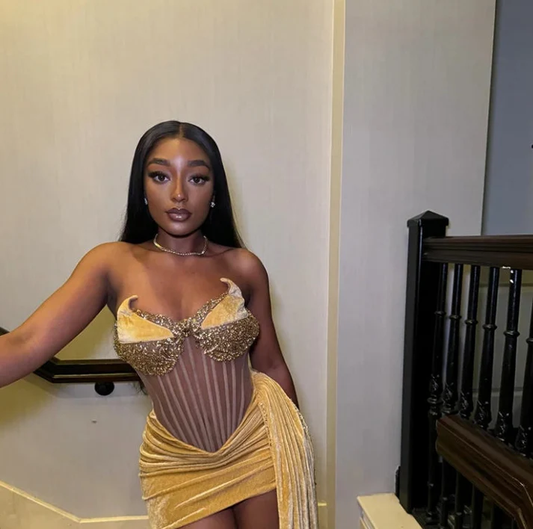 Sexy Gold Prom Dress Velvet Beads Birthday Party Cocktail Gown Homecoming Dress SH1452