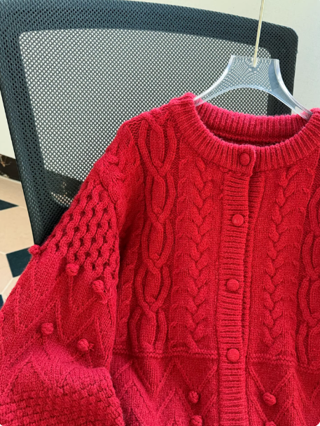 Burgundy Christmas Sweater, Retro Crew Neck Cardigan EP01455