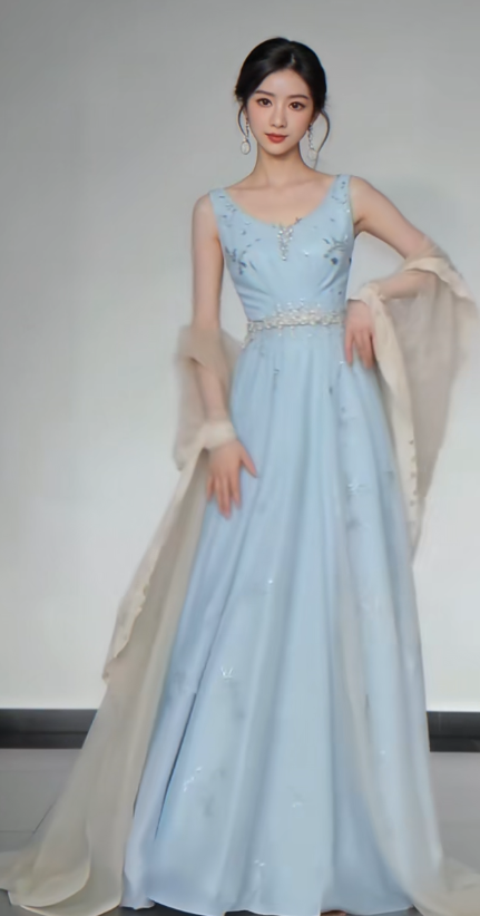 Elegant V-neck A-Line Satin Long Prom Dresses, Blue Formal Evening Dresses EP04071