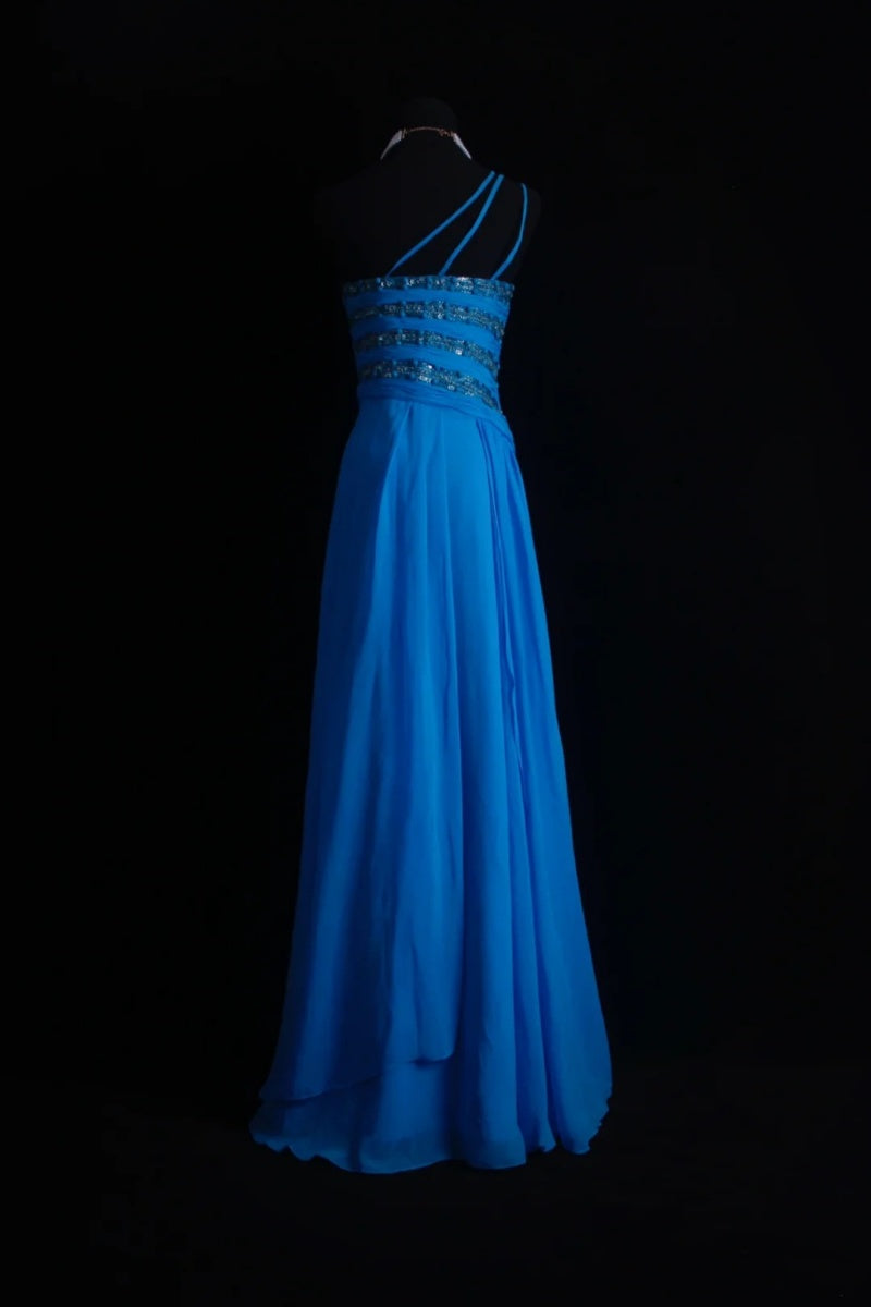 One Shoulder Sheath Long Prom Dresses Chiffon Blue Formal Dresses Beaded Wedding Guest Dresses HZ1024