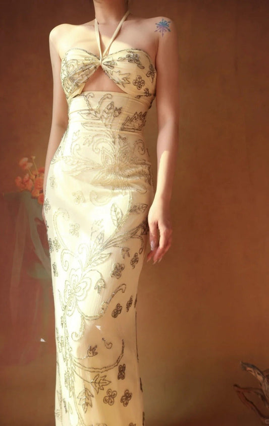 Halter Neck Sheath Long Prom Dresses Chiffon Yellow Evening Gownss Beaded Wedding Guest Dresses HZ1024