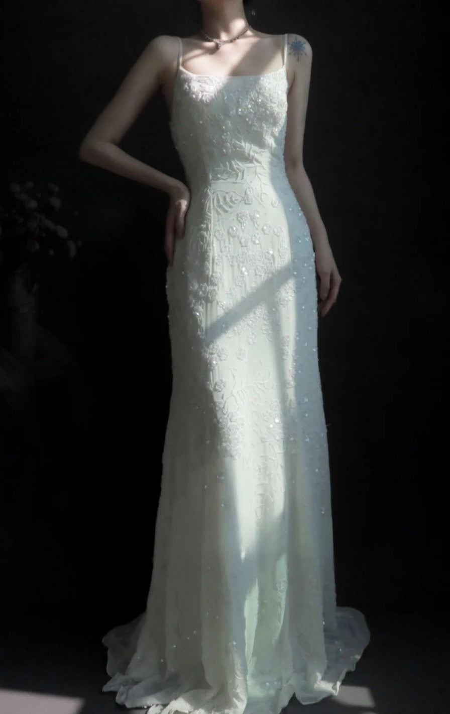 Spaghetti Strap Sheath Long Prom Dresses Chiffon Beaded White Evening Dresses HZ1024