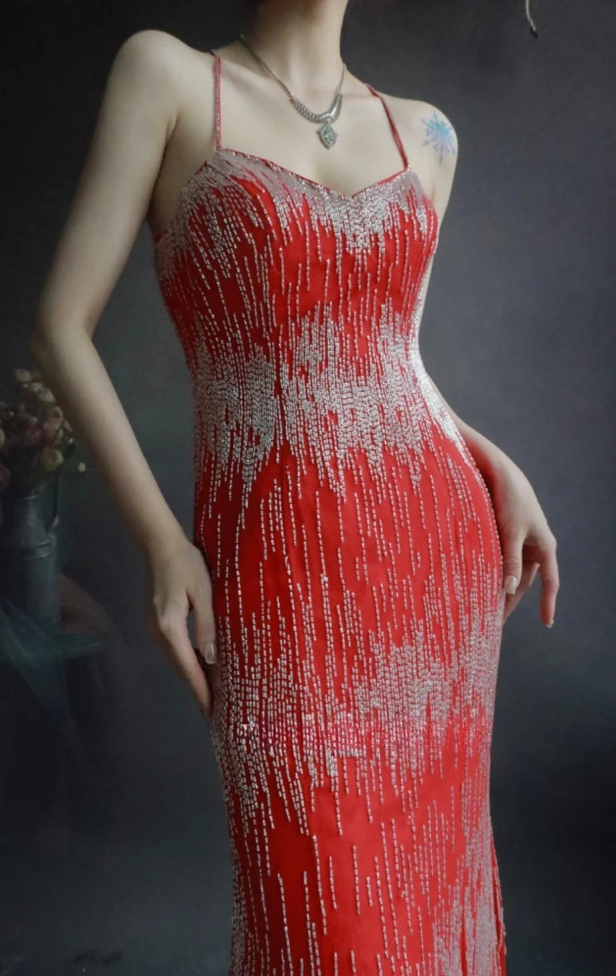 Spaghetti Strap Mermaid Long Prom Dresses Chiffon Beaded Red Evening Dresses HZ1024