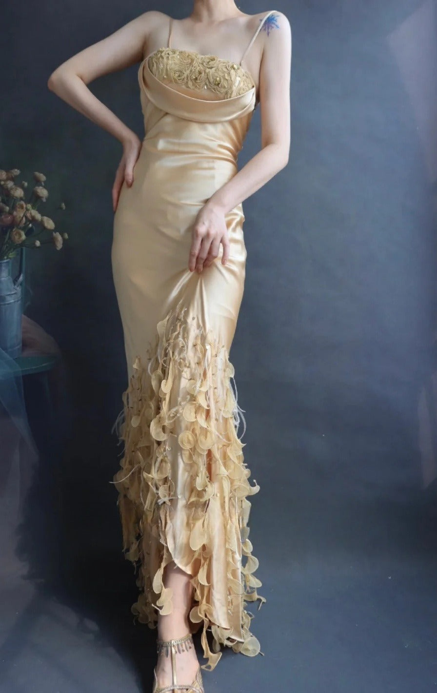 Spaghetti Strap Bodycon Long Prom Dresses Taffeta Gold Evening Dresses HZ1024