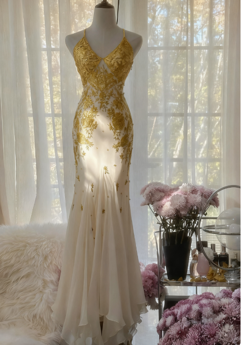 Elegant Spaghetti Strap Mermaid Long Prom Dresses Chiffon Applique Gold Formal Dresses EP04972