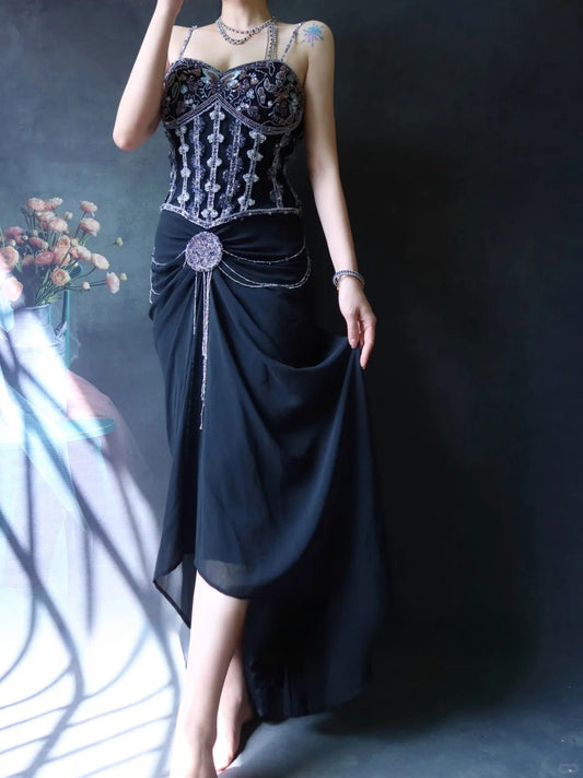 Spaghetti Strap Sheath Wedding Guest Dresses Black Birthday Dresses Chiffon Beaded Formal Dresses HZ1024