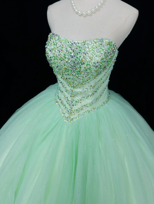Cute Strapless Ball Gown Sleeveless Long Prom Dresses Tulle Green Quinceanera Dresses Sweet 16 Dress EP05142