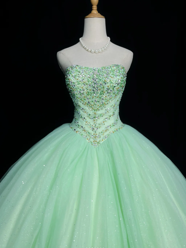 Cute Strapless Ball Gown Sleeveless Long Prom Dresses Tulle Green Quinceanera Dresses Sweet 16 Dress EP05142