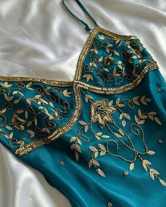 Vintage Spaghetti Straps Sheath Long Prom Dresses Beaded Chiffon Teal Evening Dresses EP05392