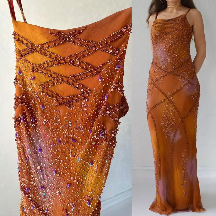 Vintage Spaghetti Straps Sheath Long Prom Dresses Beaded Chiffon Orange Evening Dresses EP05394