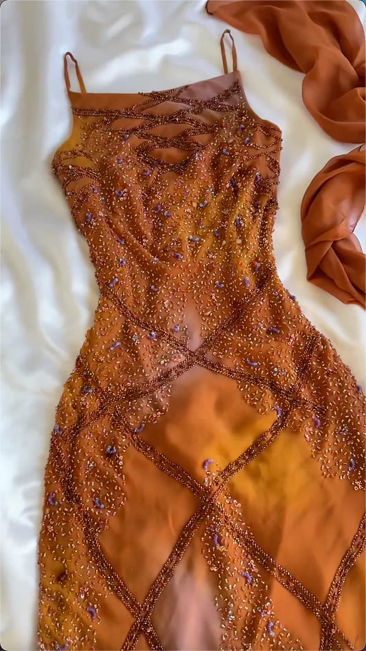 Vintage Spaghetti Straps Sheath Long Prom Dresses Beaded Chiffon Orange Evening Dresses EP05394