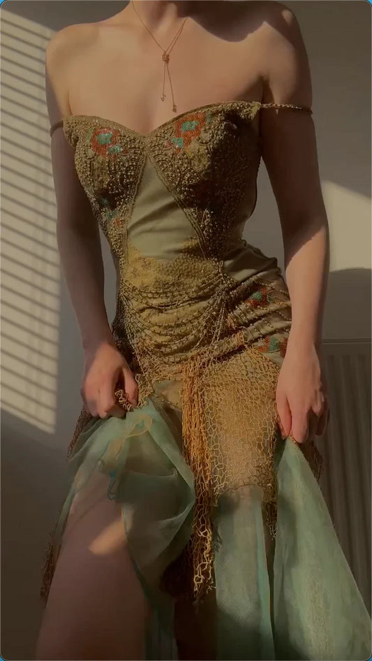 Vintage Spaghetti Straps Sheath Long Prom Dresses Beaded Tulle Evening Dresses EP05395