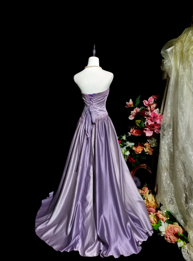 Fairy Strapless A-Line Long Prom Dresses Satin Purple Evening Dresses Sleeveless Purple Formal Dresses EP05679