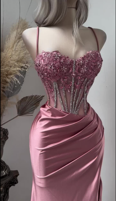Glam Spaghetti Straps Sheath Long Prom Dresses Sequins Appliques Satin Pink Evening Dresses Sleeveless Pink Formal Dresses EP05682