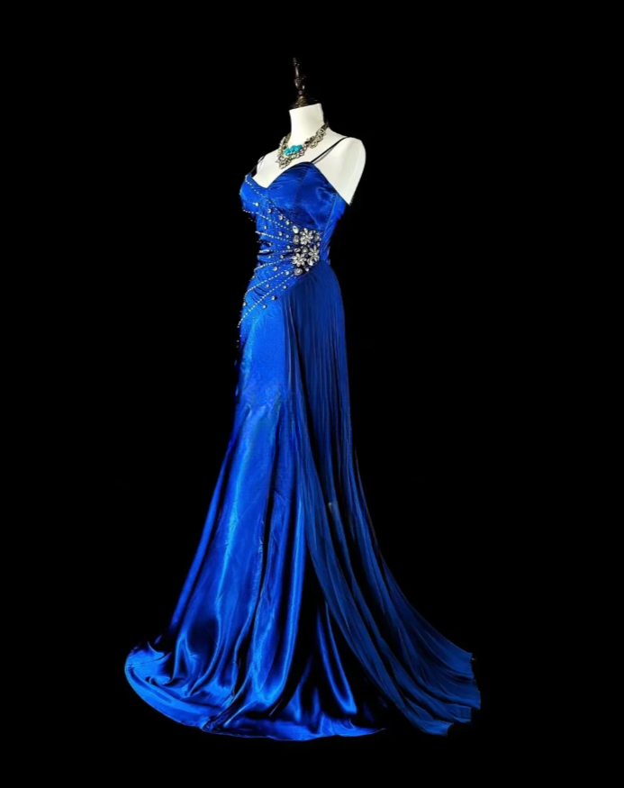 Gorgeous Spaghetti Straps Sheath Long Prom Dresses Sleeveless Blue Birthday Dresses Satin Blue Evening Dresses EP05692