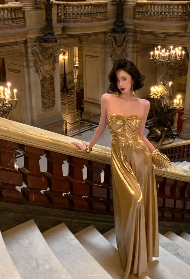 Sexy Strapless Sheath Long Prom Dresses Sleeveless Gold Party Dresses Satin Wedding Guest Dresses EP05696