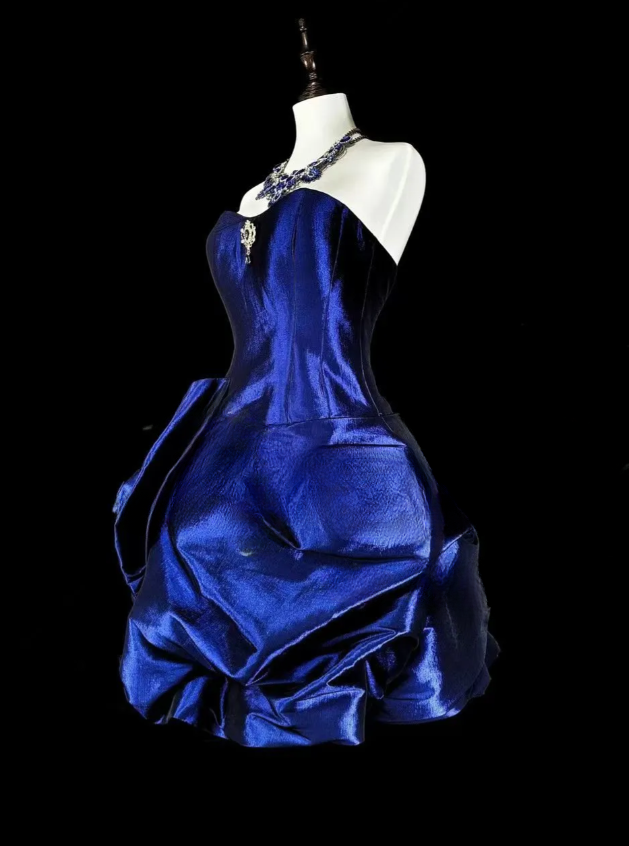 Fairy Strapless A-Line Short Prom Dresses Satin Sleeveless Party Dresses Blue Birthday Dresses EP05702