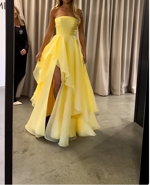Sexy Yellow Mermaid Long Prom Dresses Strapless Evening Dresses Chiffon Sleeveless Birthday Dresses with Slits EP05726