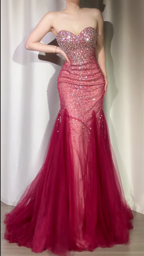 Burgundy Mermaid Long Prom Dresses Chic Sweetheart Tulle Sequins Party Dresses Sleeveless Evening Dresses EP05742