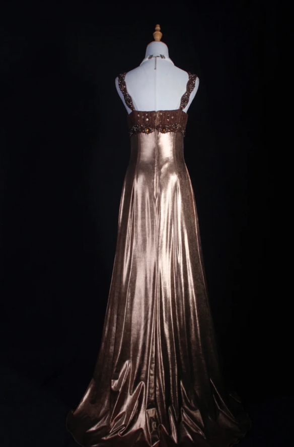 Gorgeous Brown Sheath Long Prom Dresses Satin Beaded Spaghetti Straps Formal Dresses Sleeveless Evening Dresses EP06016