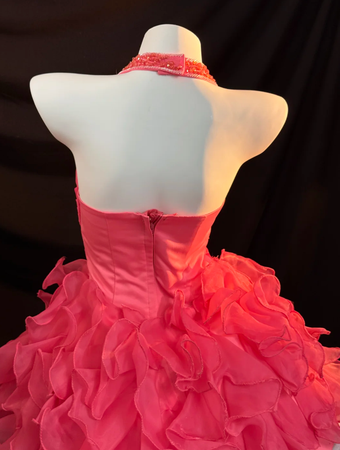 Chic Watermelon A-Line Short Prom Dresses Tulle Halter Party Dresses Sleeveless Evening Dresses EP06020