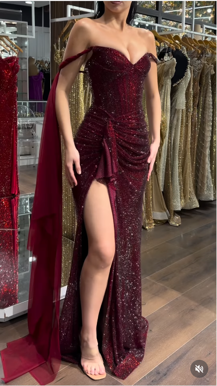 Elegant Burgundy Sheath Long Prom Dresses Glitter Tulle Off-shoulder Evening Dresses with Slits EP06029