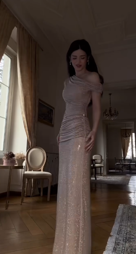 Glam Champagne Long Prom Dresses Sheath Evening Dresses Rhinstone One-shoulder Formal Dresses EP06109