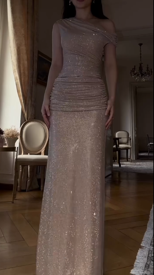 Glam Champagne Long Prom Dresses Sheath Evening Dresses Rhinstone One-shoulder Formal Dresses EP06109
