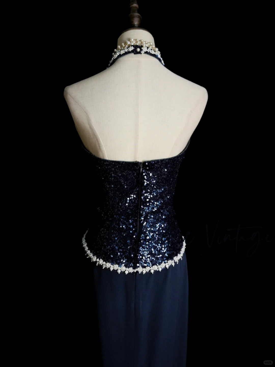 Vintage Navy Blue Long Prom Dresses Sheath Sleeveless Evening Dresses Chiffon Beaded Halter Birthday Dresses EP06119
