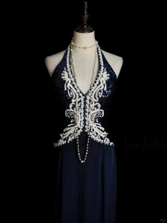 Vintage Navy Blue Long Prom Dresses Sheath Sleeveless Evening Dresses Chiffon Beaded Halter Birthday Dresses EP06119