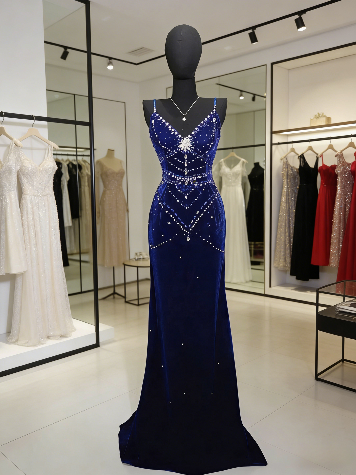 Gorgeous Royal Blue Prom Dress Straps Sheath Evening Dress Beaded Velvet Birthday Dress EP06755