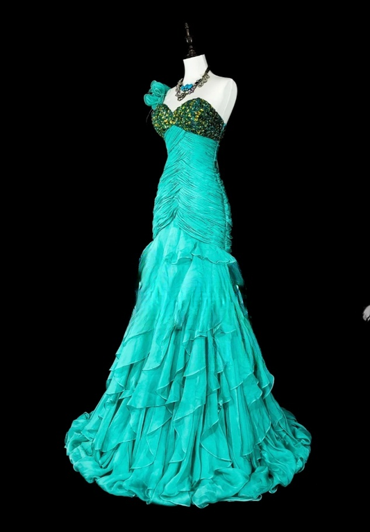 Chic Turquoise Long Prom Dresses Chiffon One-shoulder Sheath Evening Dresses EP06800