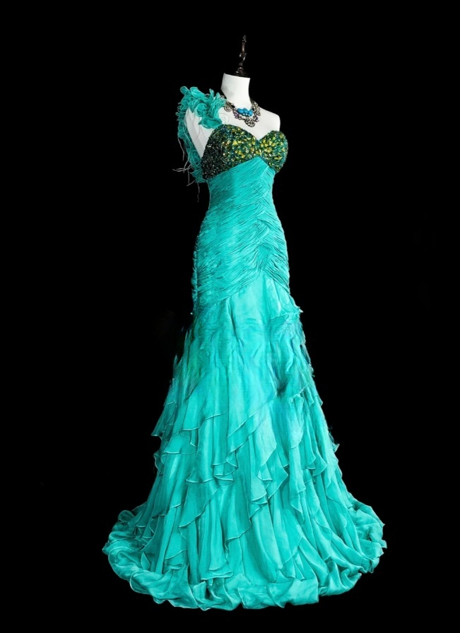 Chic Turquoise Long Prom Dresses Chiffon One-shoulder Sheath Evening Dresses EP06800