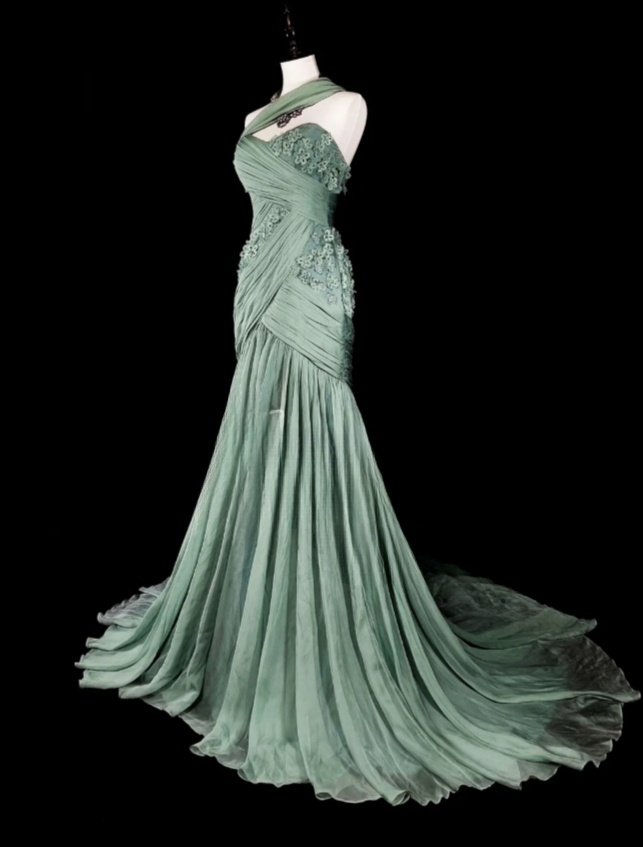 Chic Dusty Green Long Prom Dresses Chiffon One-shoulder Sheath Evening Dresses EP06801