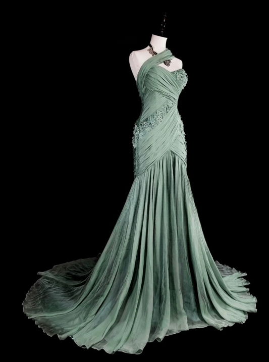 Chic Dusty Green Long Prom Dresses Chiffon One-shoulder Sheath Evening Dresses EP06801