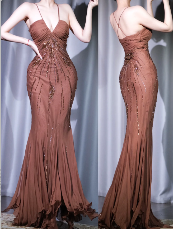 Elegant Halter Mermaid Brown Long Prom Dresses Chiffon Baeded Brown Evening DressesEP5187